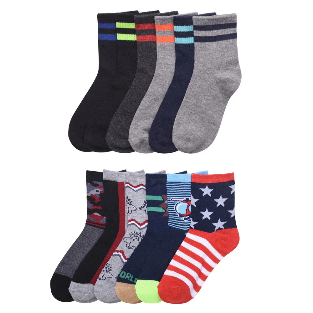 3 Pairs Kids Boys Design Crew Socks Size Age 6-8 Toddler Casual Sport Comfort US