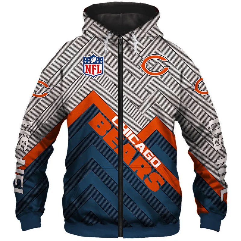Chicago Bears NFL Rugby Team Printed Zip Up Hoodie