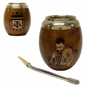 Messi AFA Mate Gourd  Algarrobo Alpaca Yerba Cup Bombilla Straw Handmade Carved