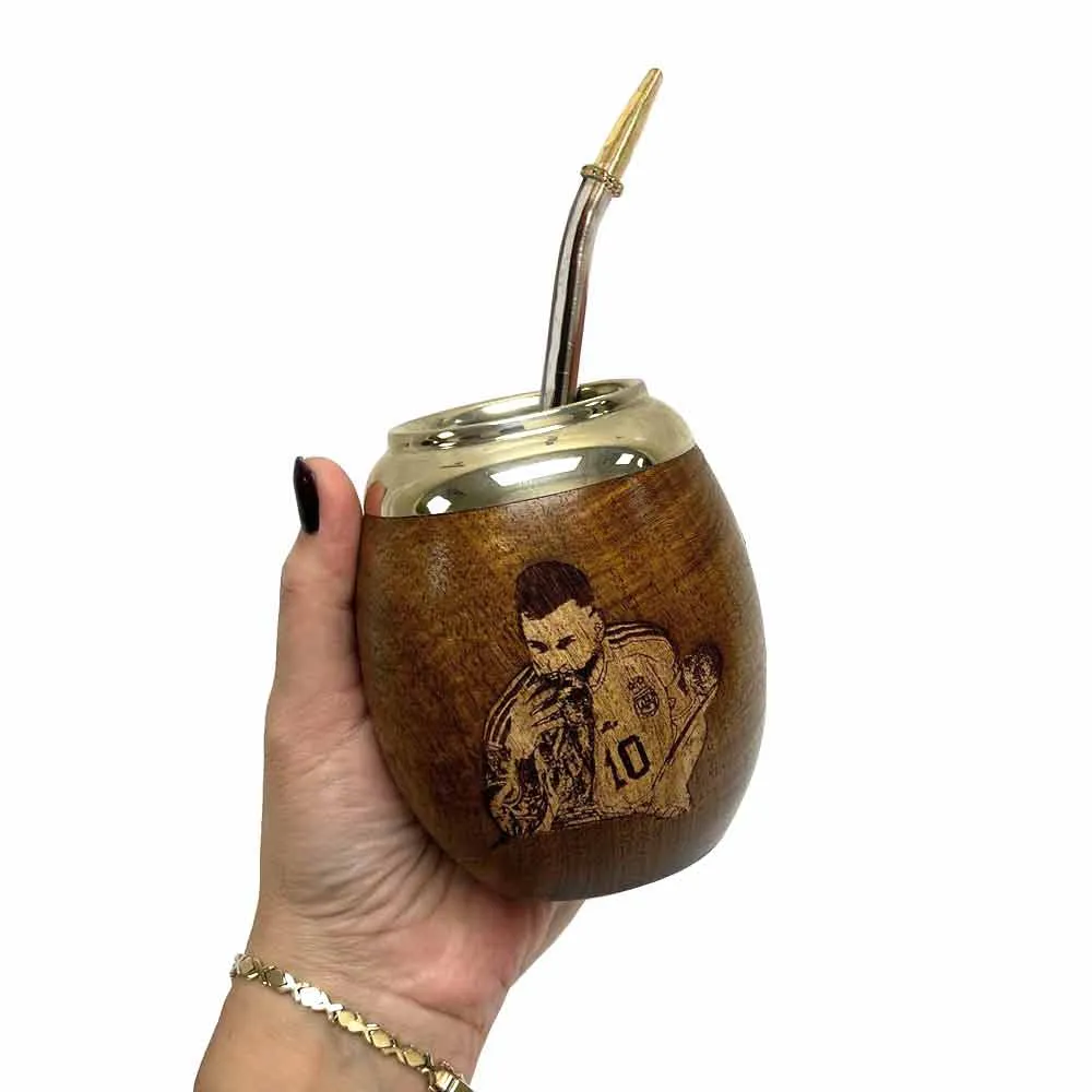 Messi AFA Mate Gourd  Algarrobo Alpaca Yerba Cup Bombilla Straw Handmade Carved