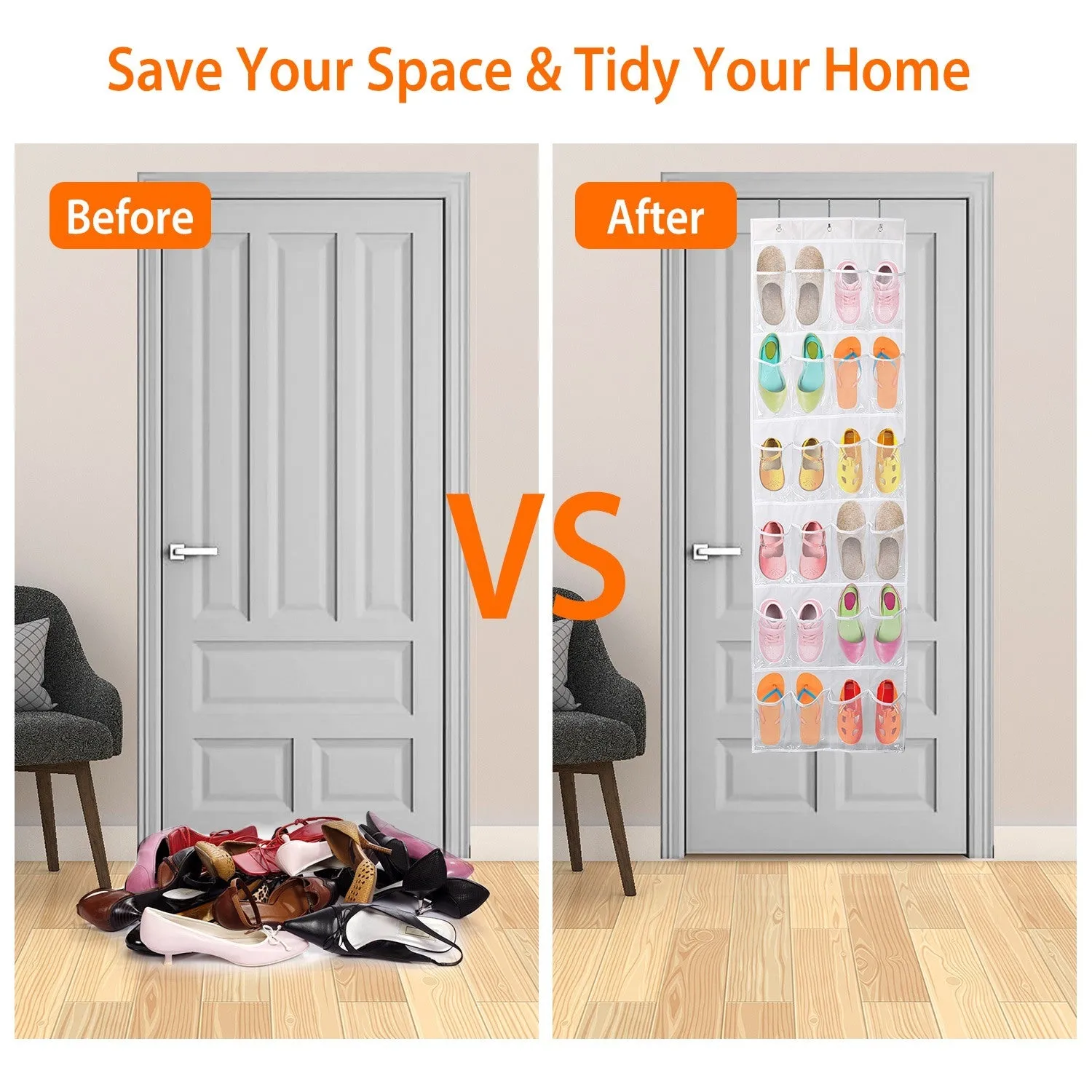 Over the Door Shoes Rack 6 Layer 24 Pocket Crystal Clear Organizer