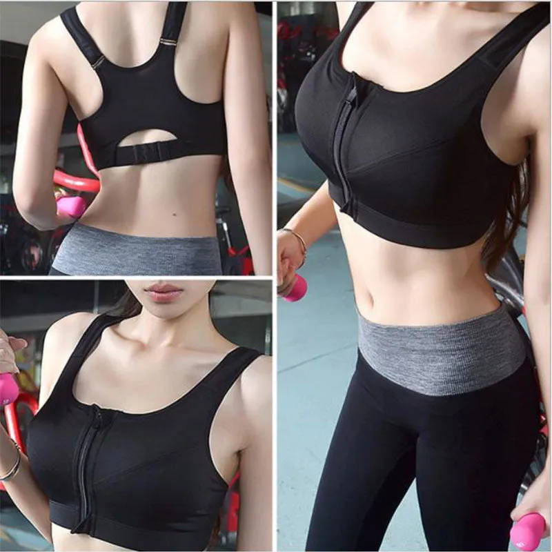 Push Up Sports Bra Zipper Padded black Running Women Seamless