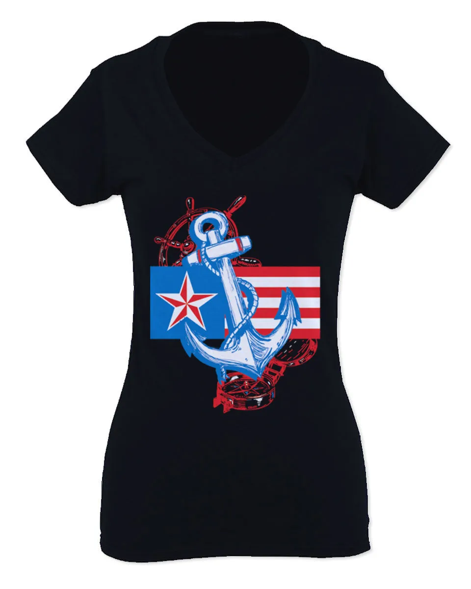 USA American Anchor Sea Marine US Navy Sailor Seals For Women V neck fitted T Shirt