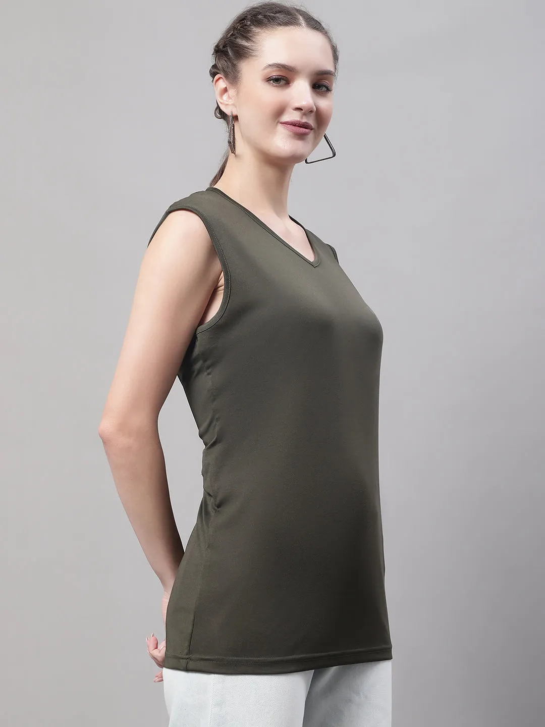 Vimal Jonney Regular Fit Dryfit Lycra Solid Olive Gym Vest for Women