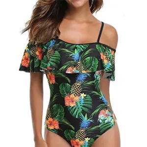 Women Ruffle Off The Shoulder Floral Print Push Up One Piece Bodysuit Monokini