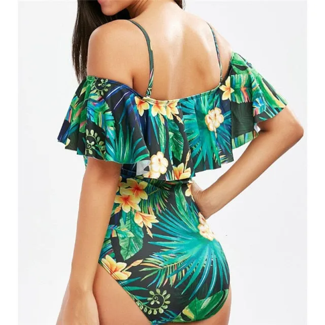 Women Ruffle Off The Shoulder Floral Print Push Up One Piece Bodysuit Monokini