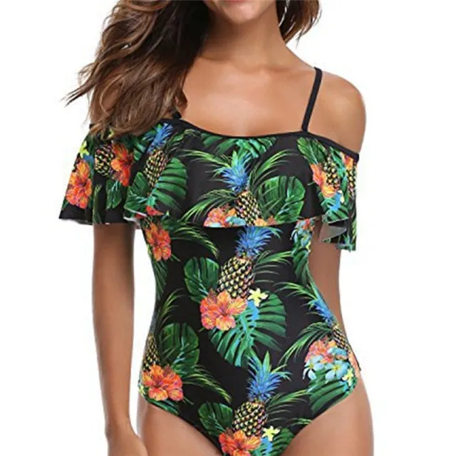Women Ruffle Off The Shoulder Floral Print Push Up One Piece Bodysuit Monokini