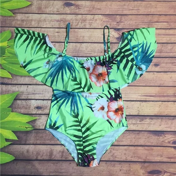 Women Ruffle Off The Shoulder Floral Print Push Up One Piece Bodysuit Monokini