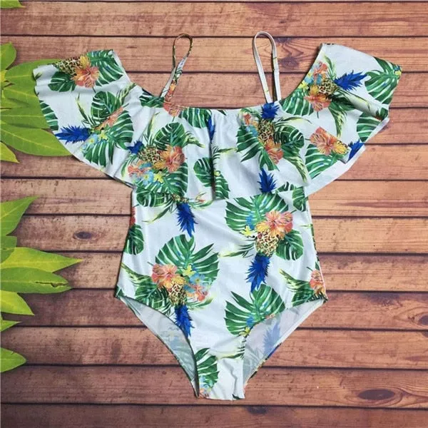 Women Ruffle Off The Shoulder Floral Print Push Up One Piece Bodysuit Monokini