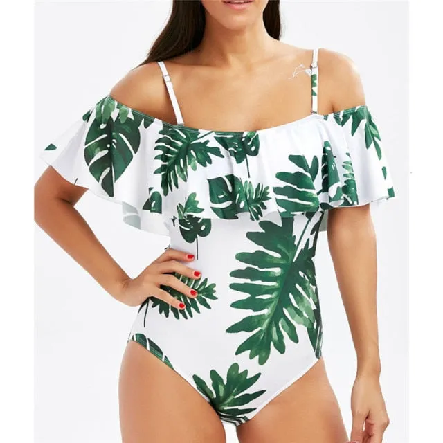 Women Ruffle Off The Shoulder Floral Print Push Up One Piece Bodysuit Monokini